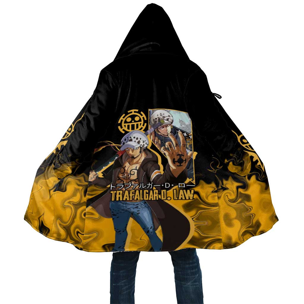 Trafalgar D. Law One Piece Black and Yellow Theme Cloak with Heart Pirates Symbol and Flame Pattern Design - The Mazicc