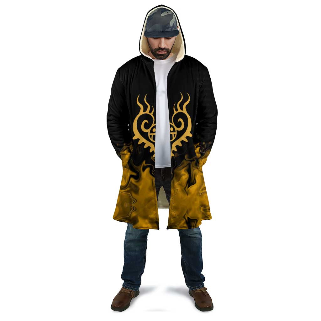 Trafalgar D. Law One Piece Black and Yellow Theme Cloak with Heart Pirates Symbol and Flame Pattern Design - The Mazicc