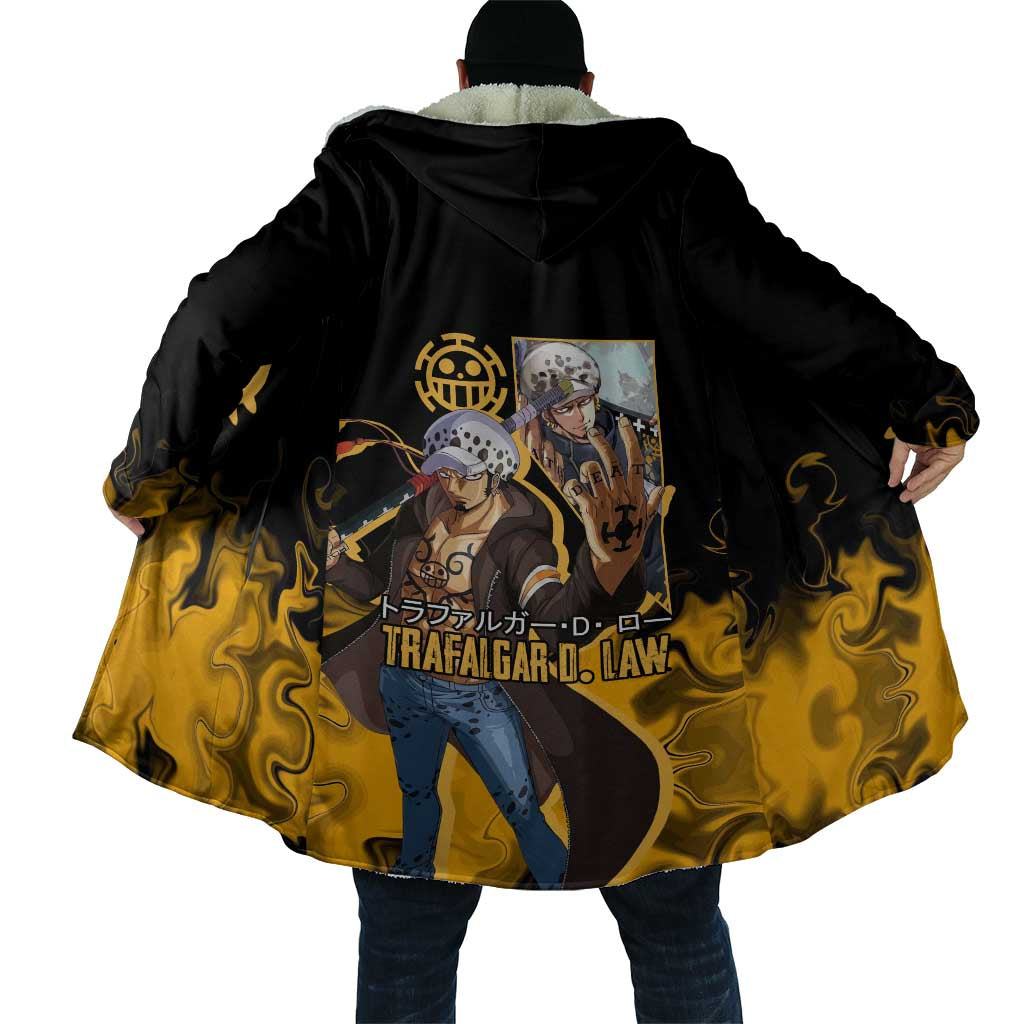 Trafalgar D. Law One Piece Black and Yellow Theme Cloak with Heart Pirates Symbol and Flame Pattern Design - The Mazicc