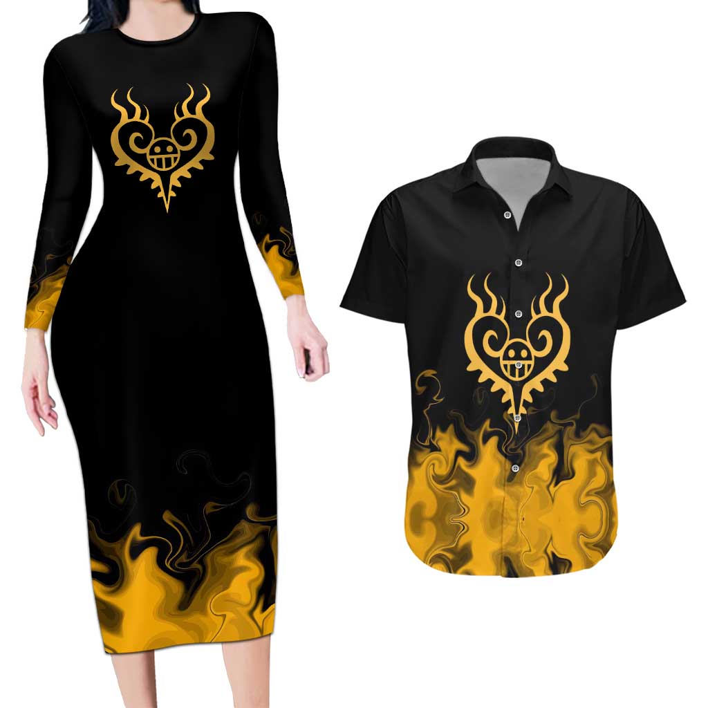 Trafalgar D. Law One Piece Black and Yellow Theme Couples Matching Long Sleeve Bodycon Dress and Hawaiian Shirt with Heart Pirates Symbol and Flame Pattern Design - The Mazicc