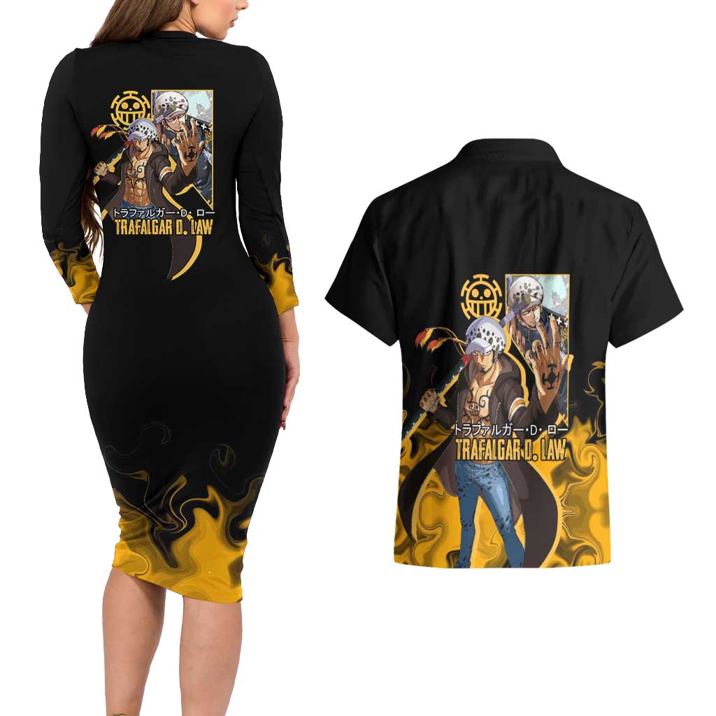 Trafalgar D. Law One Piece Black and Yellow Theme Couples Matching Long Sleeve Bodycon Dress and Hawaiian Shirt with Heart Pirates Symbol and Flame Pattern Design - The Mazicc