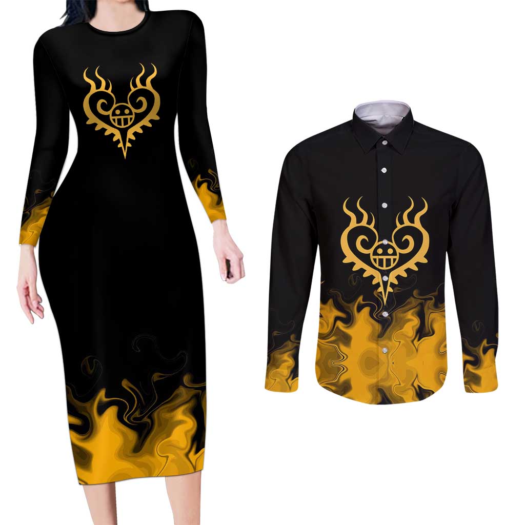 Trafalgar D. Law One Piece Black and Yellow Theme Couples Matching Long Sleeve Bodycon Dress and Long Sleeve Button Shirt with Heart Pirates Symbol and Flame Pattern Design - The Mazicc