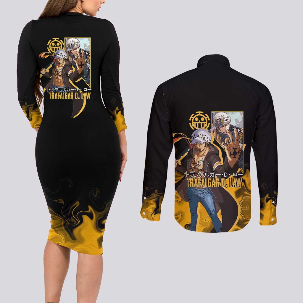 Trafalgar D. Law One Piece Black and Yellow Theme Couples Matching Long Sleeve Bodycon Dress and Long Sleeve Button Shirt with Heart Pirates Symbol and Flame Pattern Design - The Mazicc