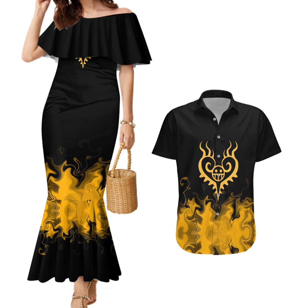 Trafalgar D. Law One Piece Black and Yellow Theme Couples Matching Mermaid Dress and Hawaiian Shirt with Heart Pirates Symbol and Flame Pattern Design - The Mazicc