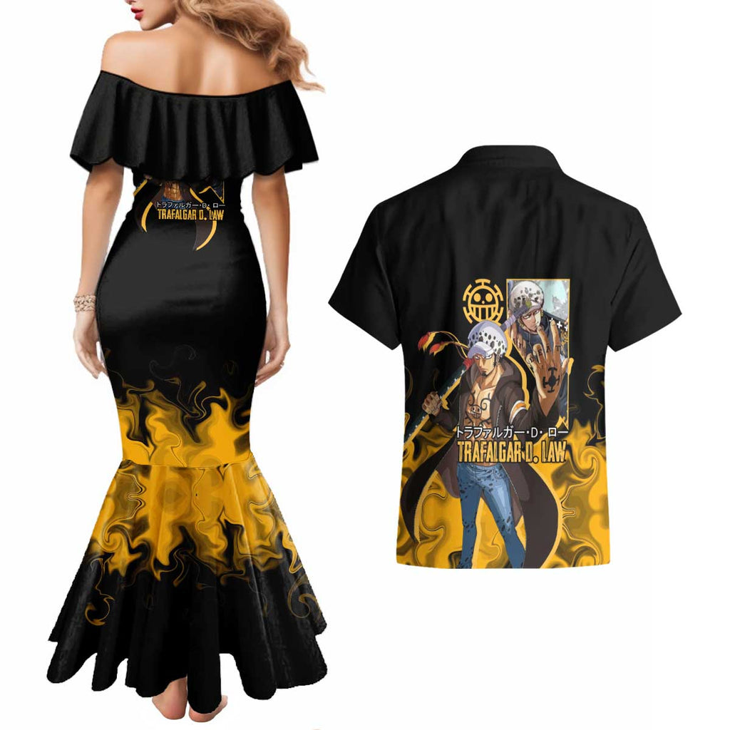 Trafalgar D. Law One Piece Black and Yellow Theme Couples Matching Mermaid Dress and Hawaiian Shirt with Heart Pirates Symbol and Flame Pattern Design - The Mazicc