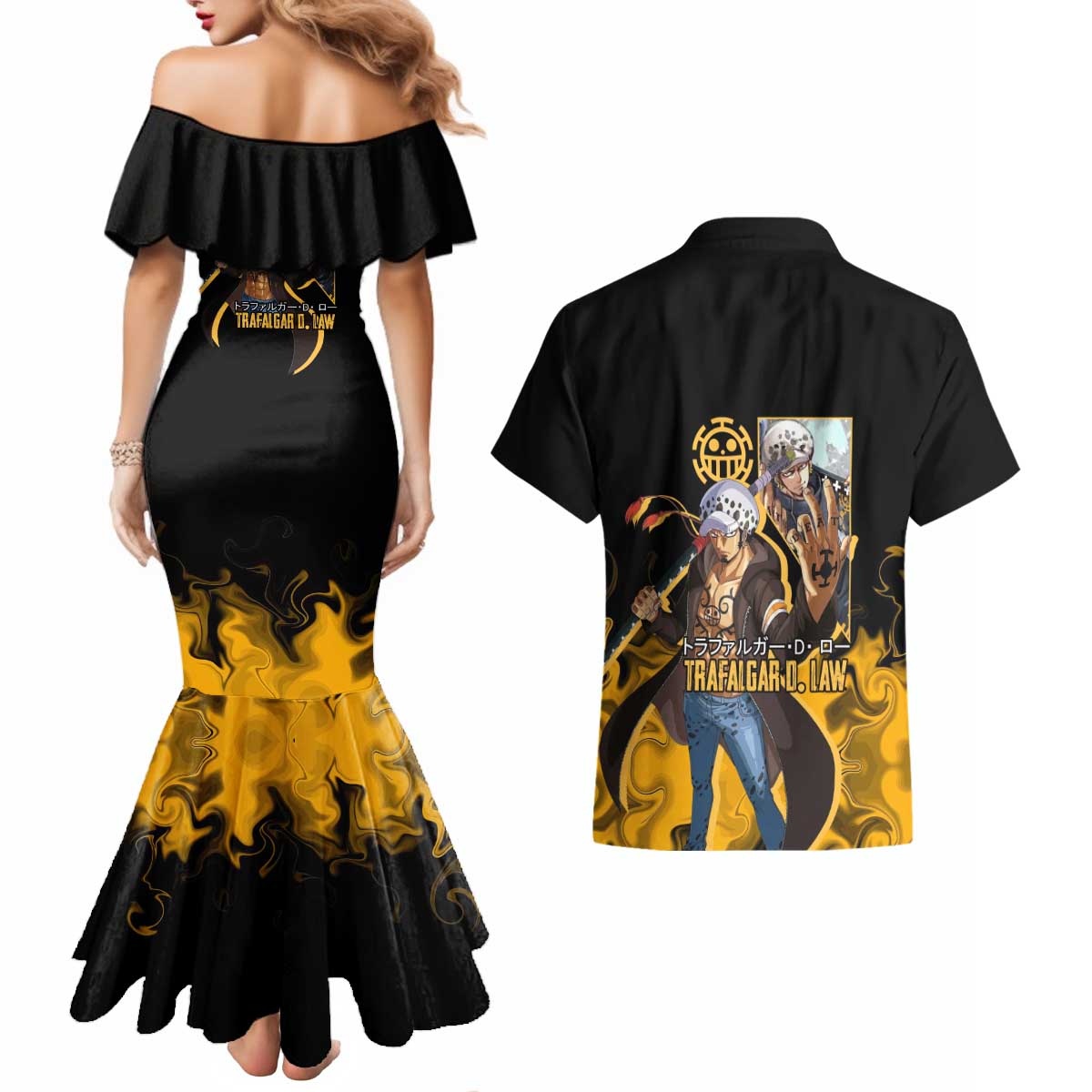 Trafalgar D. Law One Piece Black and Yellow Theme Couples Matching Mermaid Dress and Hawaiian Shirt with Heart Pirates Symbol and Flame Pattern Design - The Mazicc