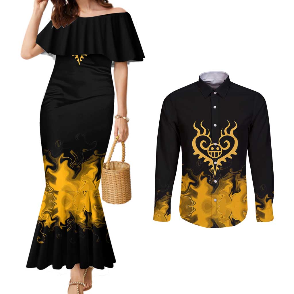 Trafalgar D. Law One Piece Black and Yellow Theme Couples Matching Mermaid Dress and Long Sleeve Button Shirt with Heart Pirates Symbol and Flame Pattern Design - The Mazicc