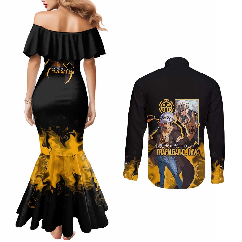 Trafalgar D. Law One Piece Black and Yellow Theme Couples Matching Mermaid Dress and Long Sleeve Button Shirt with Heart Pirates Symbol and Flame Pattern Design - The Mazicc