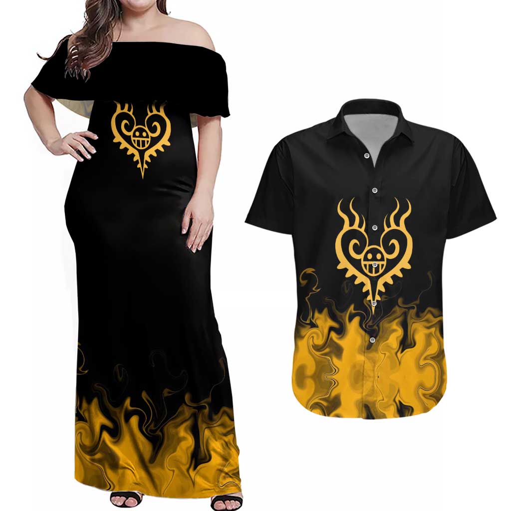 Trafalgar D. Law One Piece Black and Yellow Theme Couples Matching Off Shoulder Maxi Dress and Hawaiian Shirt with Heart Pirates Symbol and Flame Pattern Design - The Mazicc