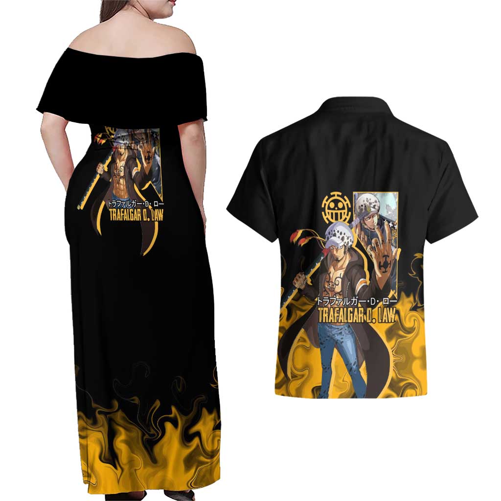 Trafalgar D. Law One Piece Black and Yellow Theme Couples Matching Off Shoulder Maxi Dress and Hawaiian Shirt with Heart Pirates Symbol and Flame Pattern Design - The Mazicc