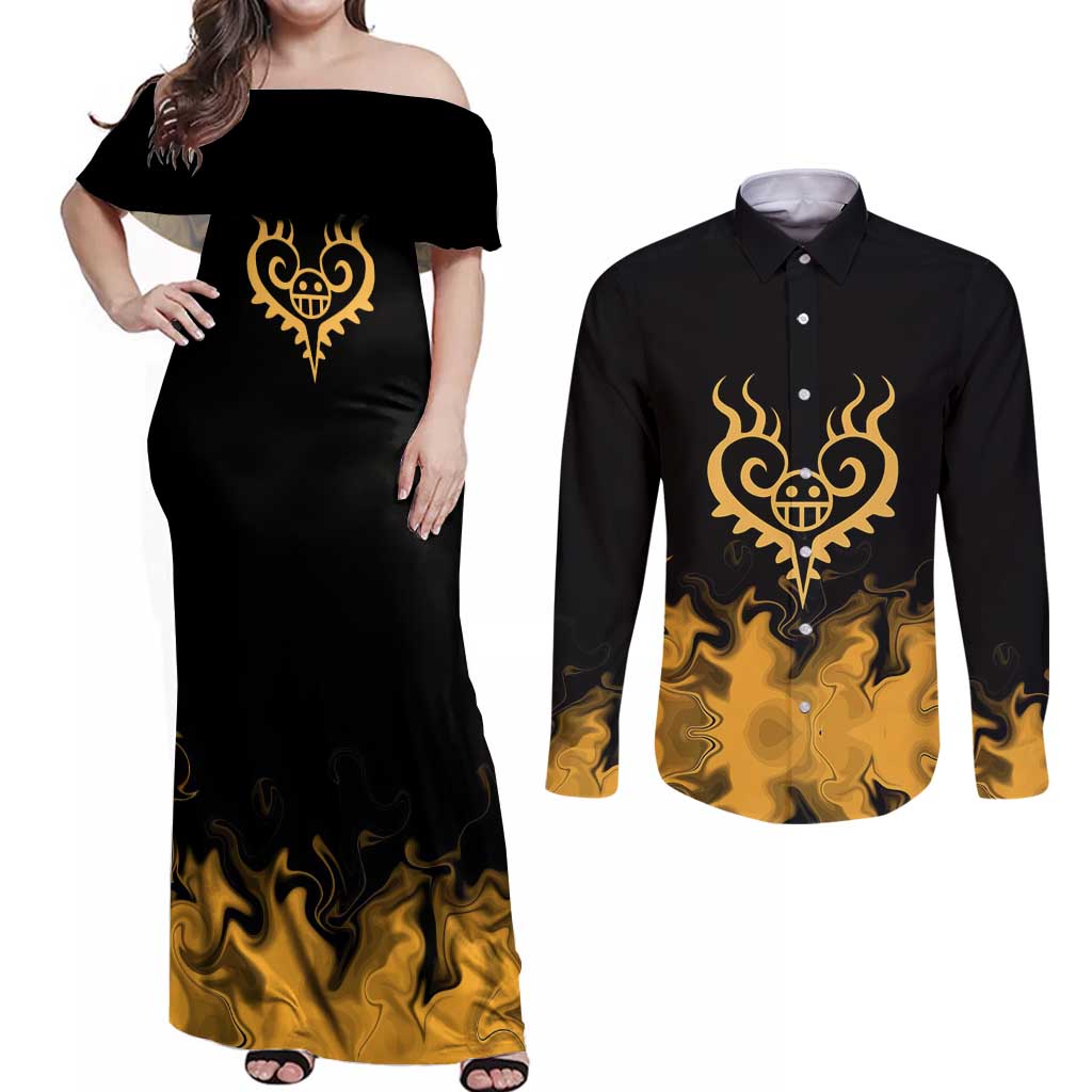 Trafalgar D. Law One Piece Black and Yellow Theme Couples Matching Off Shoulder Maxi Dress and Long Sleeve Button Shirt with Heart Pirates Symbol and Flame Pattern Design - The Mazicc