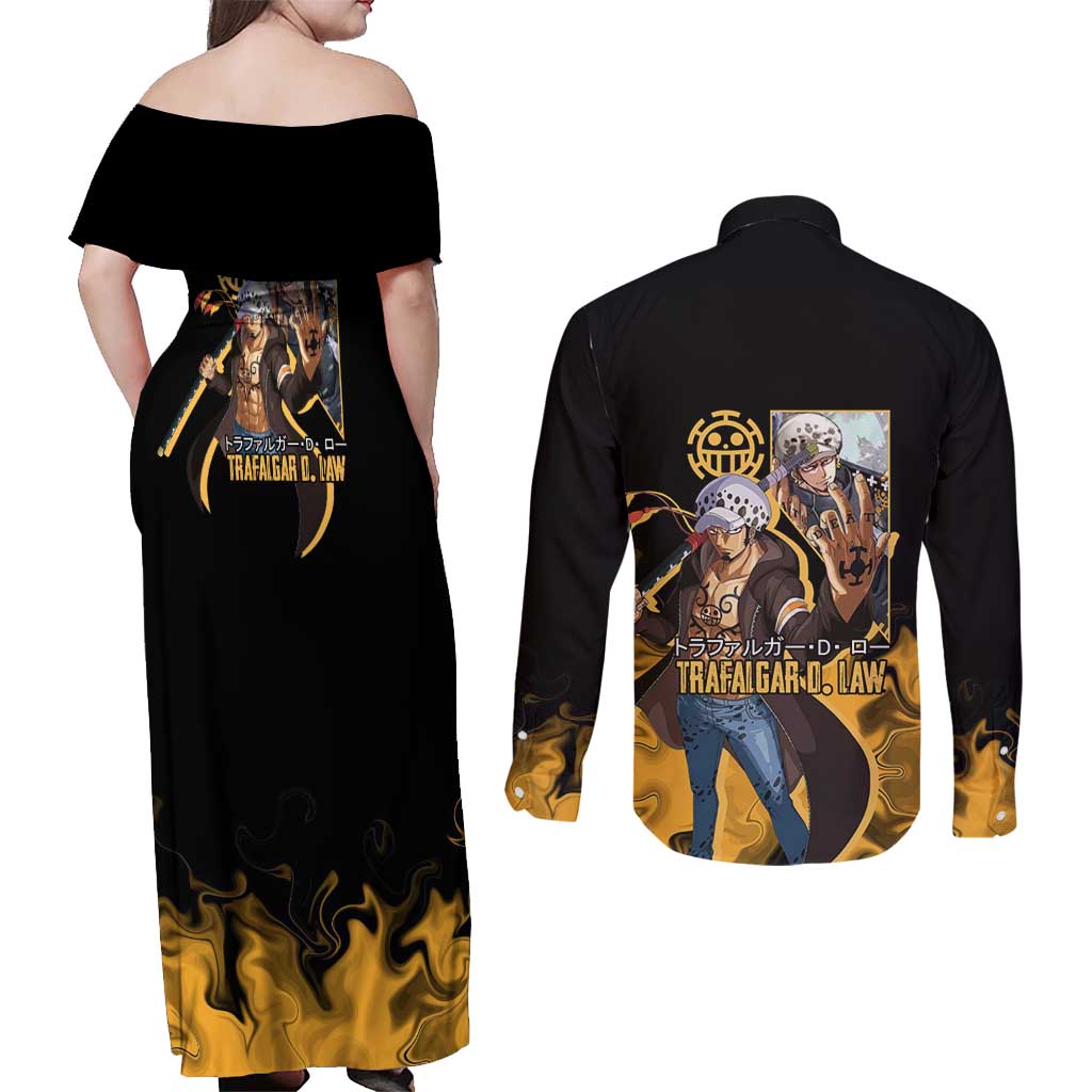 Trafalgar D. Law One Piece Black and Yellow Theme Couples Matching Off Shoulder Maxi Dress and Long Sleeve Button Shirt with Heart Pirates Symbol and Flame Pattern Design - The Mazicc