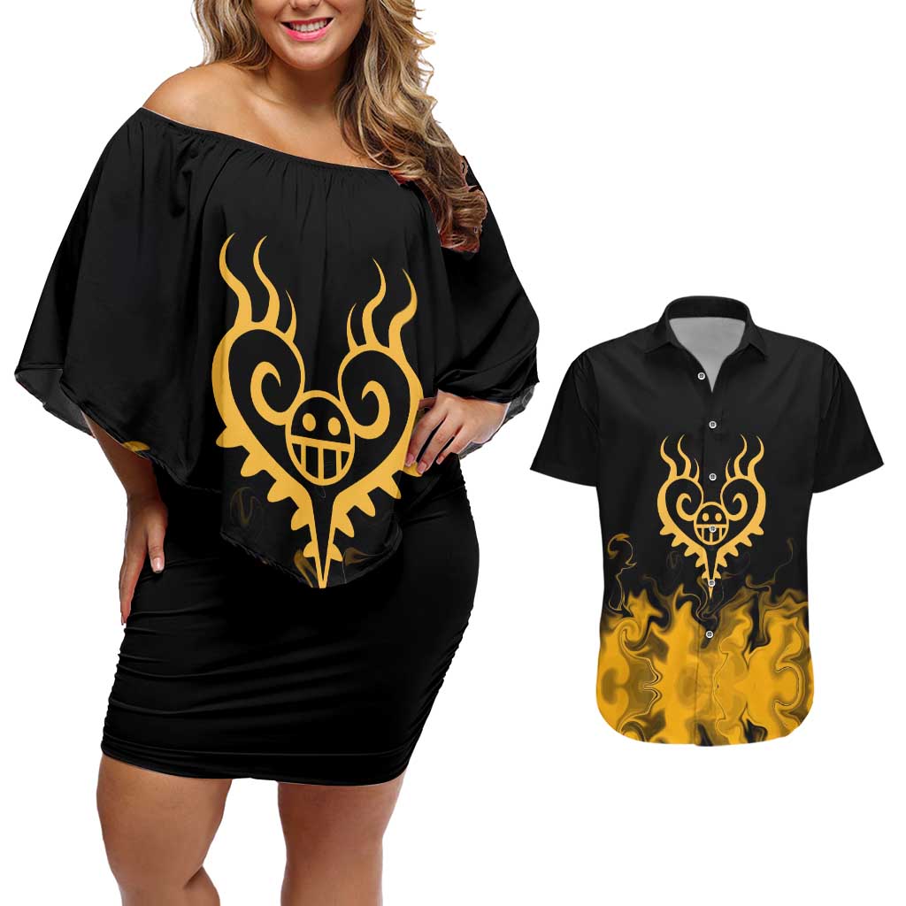 Trafalgar D. Law One Piece Black and Yellow Theme Couples Matching Off Shoulder Short Dress and Hawaiian Shirt with Heart Pirates Symbol and Flame Pattern Design - The Mazicc
