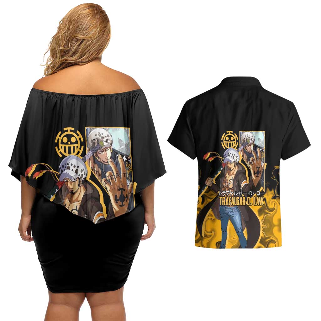 Trafalgar D. Law One Piece Black and Yellow Theme Couples Matching Off Shoulder Short Dress and Hawaiian Shirt with Heart Pirates Symbol and Flame Pattern Design - The Mazicc