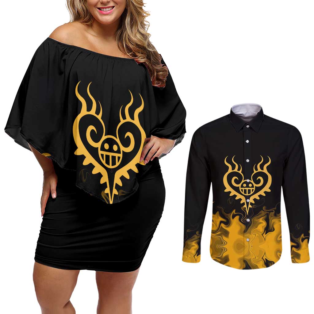 Trafalgar D. Law One Piece Black and Yellow Theme Couples Matching Off Shoulder Short Dress and Long Sleeve Button Shirt with Heart Pirates Symbol and Flame Pattern Design - The Mazicc