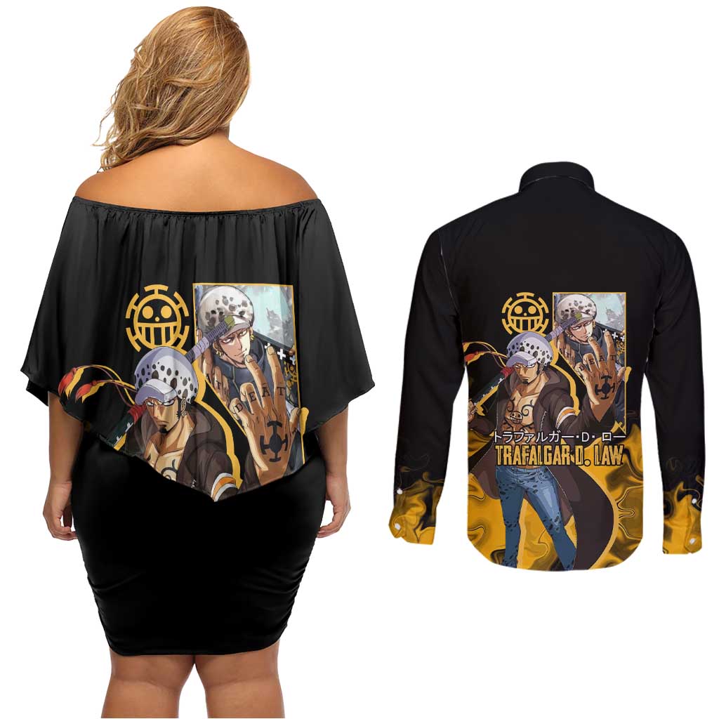 Trafalgar D. Law One Piece Black and Yellow Theme Couples Matching Off Shoulder Short Dress and Long Sleeve Button Shirt with Heart Pirates Symbol and Flame Pattern Design - The Mazicc