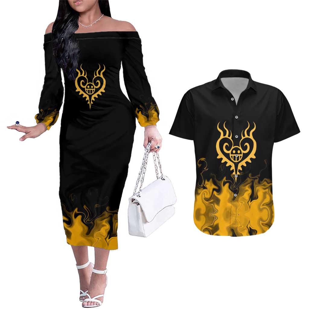 Trafalgar D. Law One Piece Black and Yellow Theme Couples Matching Off The Shoulder Long Sleeve Dress and Hawaiian Shirt with Heart Pirates Symbol and Flame Pattern Design - The Mazicc