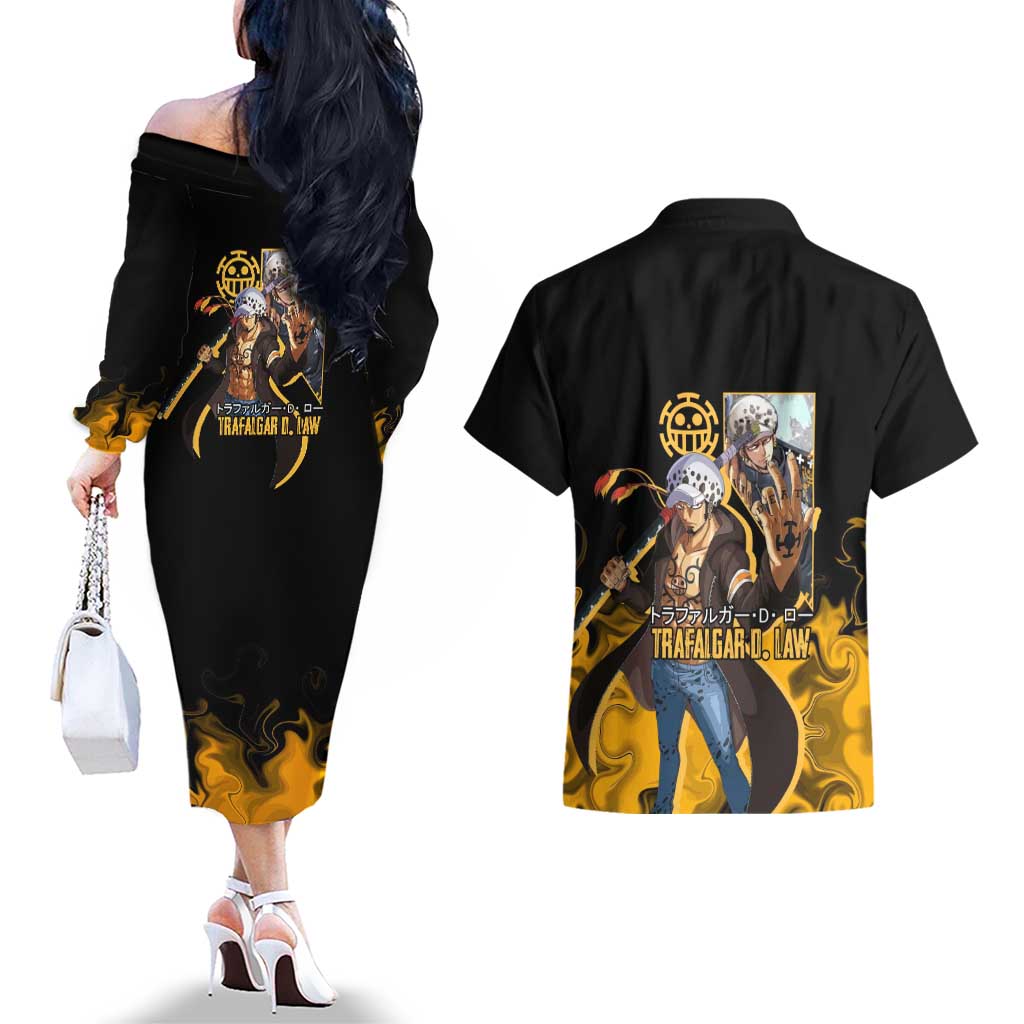 Trafalgar D. Law One Piece Black and Yellow Theme Couples Matching Off The Shoulder Long Sleeve Dress and Hawaiian Shirt with Heart Pirates Symbol and Flame Pattern Design - The Mazicc
