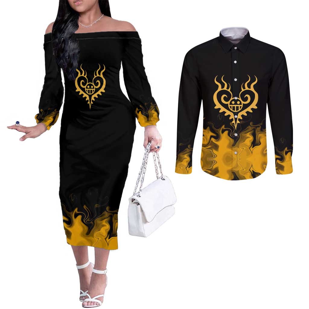 Trafalgar D. Law One Piece Black and Yellow Theme Couples Matching Off The Shoulder Long Sleeve Dress and Long Sleeve Button Shirt with Heart Pirates Symbol and Flame Pattern Design - The Mazicc
