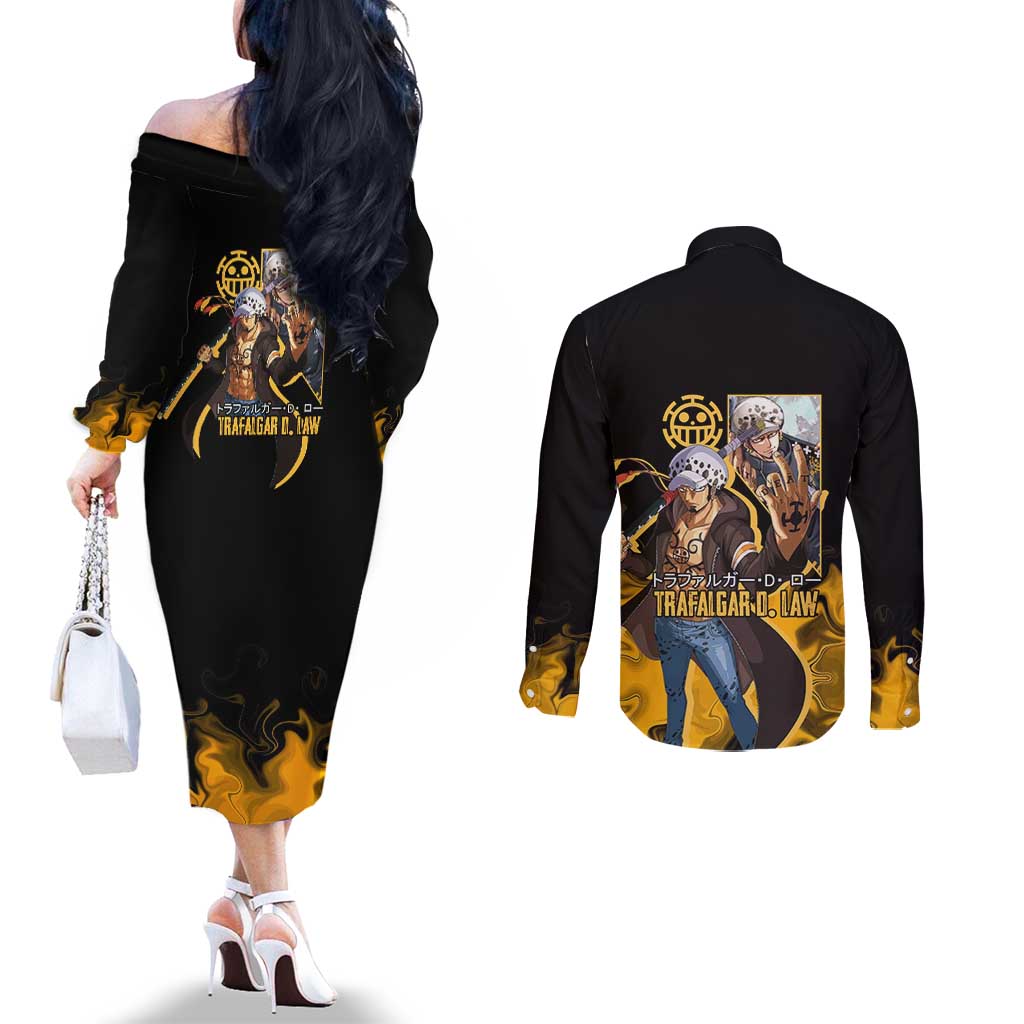 Trafalgar D. Law One Piece Black and Yellow Theme Couples Matching Off The Shoulder Long Sleeve Dress and Long Sleeve Button Shirt with Heart Pirates Symbol and Flame Pattern Design - The Mazicc