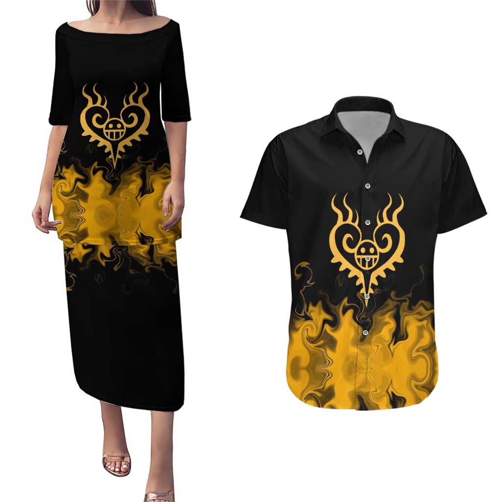 Trafalgar D. Law One Piece Black and Yellow Theme Couples Matching Puletasi and Hawaiian Shirt with Heart Pirates Symbol and Flame Pattern Design - The Mazicc