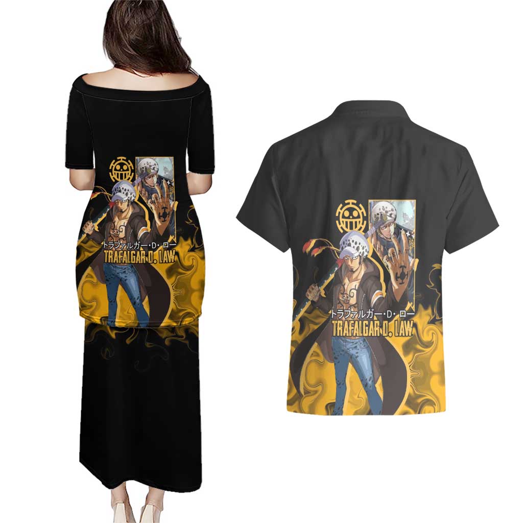 Trafalgar D. Law One Piece Black and Yellow Theme Couples Matching Puletasi and Hawaiian Shirt with Heart Pirates Symbol and Flame Pattern Design - The Mazicc