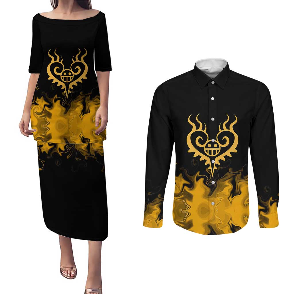 Trafalgar D. Law One Piece Black and Yellow Theme Couples Matching Puletasi and Long Sleeve Button Shirt with Heart Pirates Symbol and Flame Pattern Design - The Mazicc