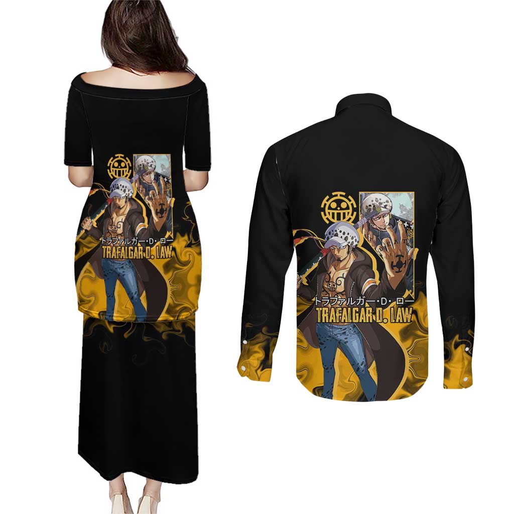 Trafalgar D. Law One Piece Black and Yellow Theme Couples Matching Puletasi and Long Sleeve Button Shirt with Heart Pirates Symbol and Flame Pattern Design - The Mazicc