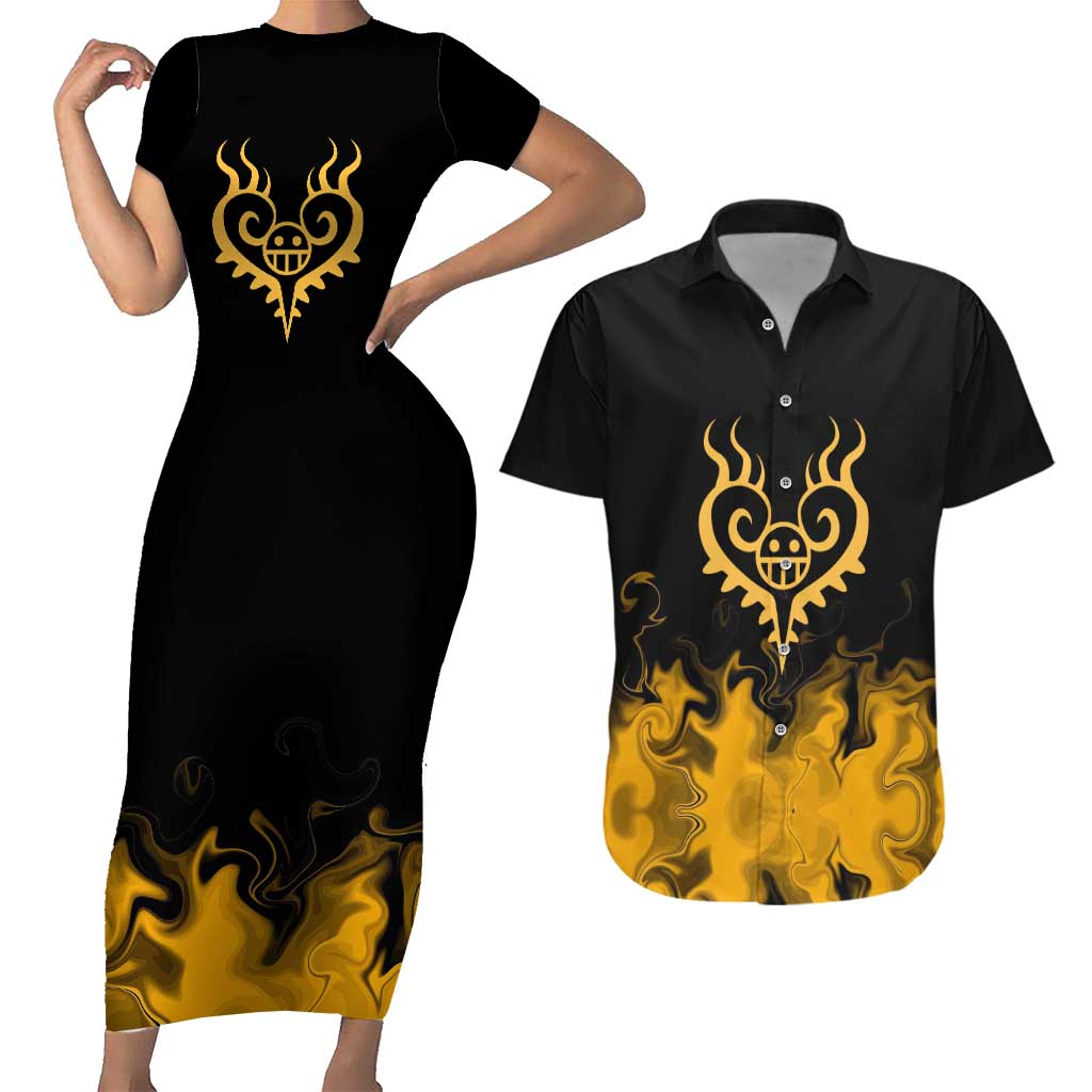 Trafalgar D. Law One Piece Black and Yellow Theme Couples Matching Short Sleeve Bodycon Dress and Hawaiian Shirt with Heart Pirates Symbol and Flame Pattern Design - The Mazicc