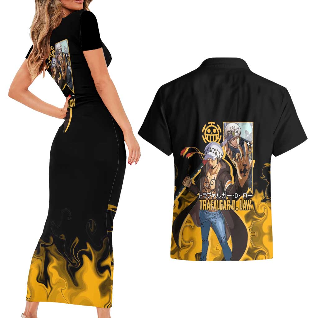 Trafalgar D. Law One Piece Black and Yellow Theme Couples Matching Short Sleeve Bodycon Dress and Hawaiian Shirt with Heart Pirates Symbol and Flame Pattern Design - The Mazicc