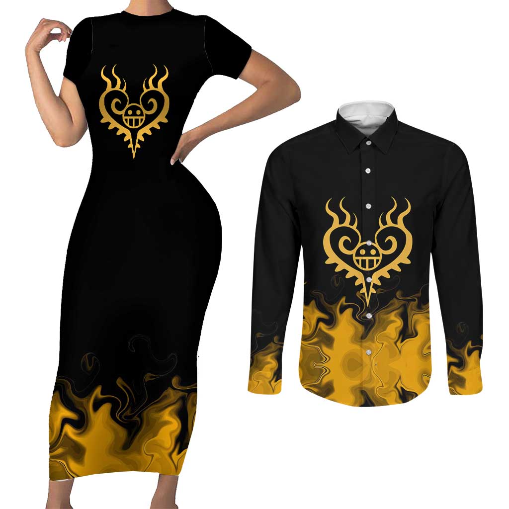 Trafalgar D. Law One Piece Black and Yellow Theme Couples Matching Short Sleeve Bodycon Dress and Long Sleeve Button Shirt with Heart Pirates Symbol and Flame Pattern Design - The Mazicc