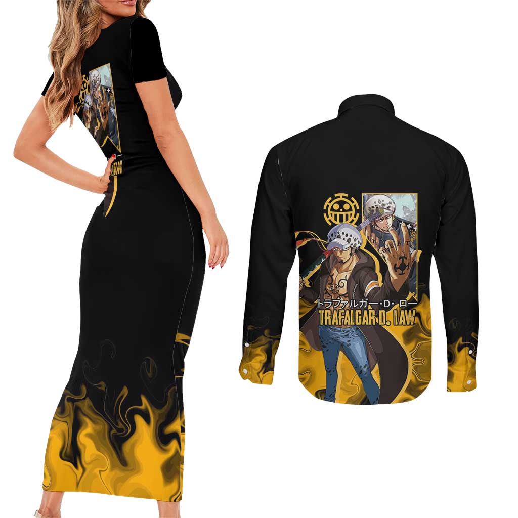 Trafalgar D. Law One Piece Black and Yellow Theme Couples Matching Short Sleeve Bodycon Dress and Long Sleeve Button Shirt with Heart Pirates Symbol and Flame Pattern Design - The Mazicc
