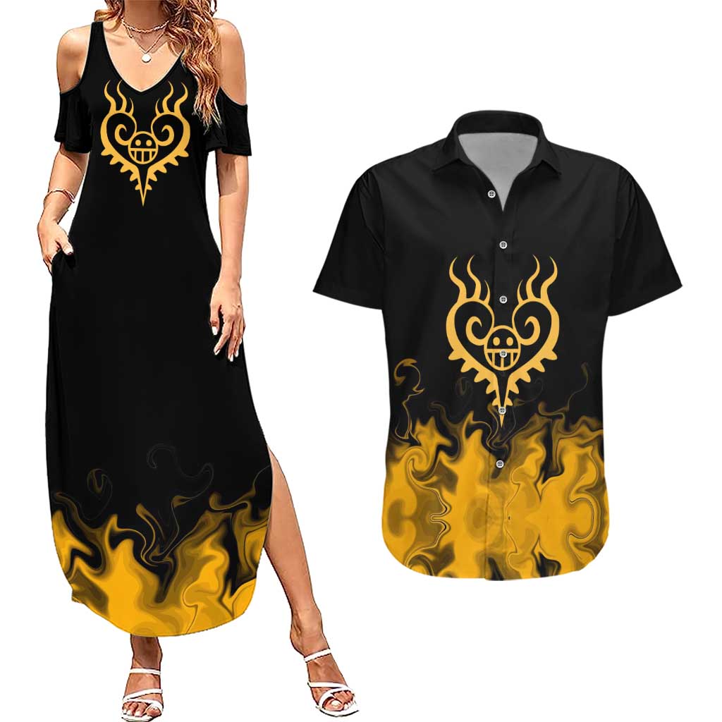 Trafalgar D. Law One Piece Black and Yellow Theme Couples Matching Summer Maxi Dress and Hawaiian Shirt with Heart Pirates Symbol and Flame Pattern Design - The Mazicc