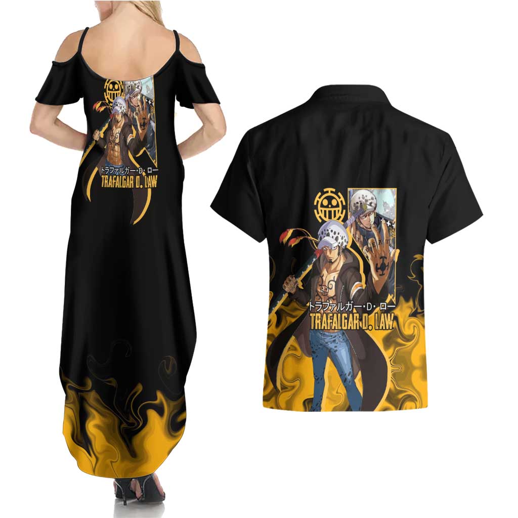 Trafalgar D. Law One Piece Black and Yellow Theme Couples Matching Summer Maxi Dress and Hawaiian Shirt with Heart Pirates Symbol and Flame Pattern Design - The Mazicc