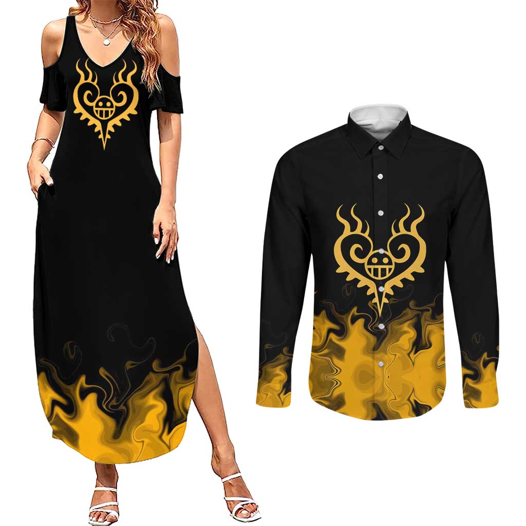 Trafalgar D. Law One Piece Black and Yellow Theme Couples Matching Summer Maxi Dress and Long Sleeve Button Shirt with Heart Pirates Symbol and Flame Pattern Design - The Mazicc