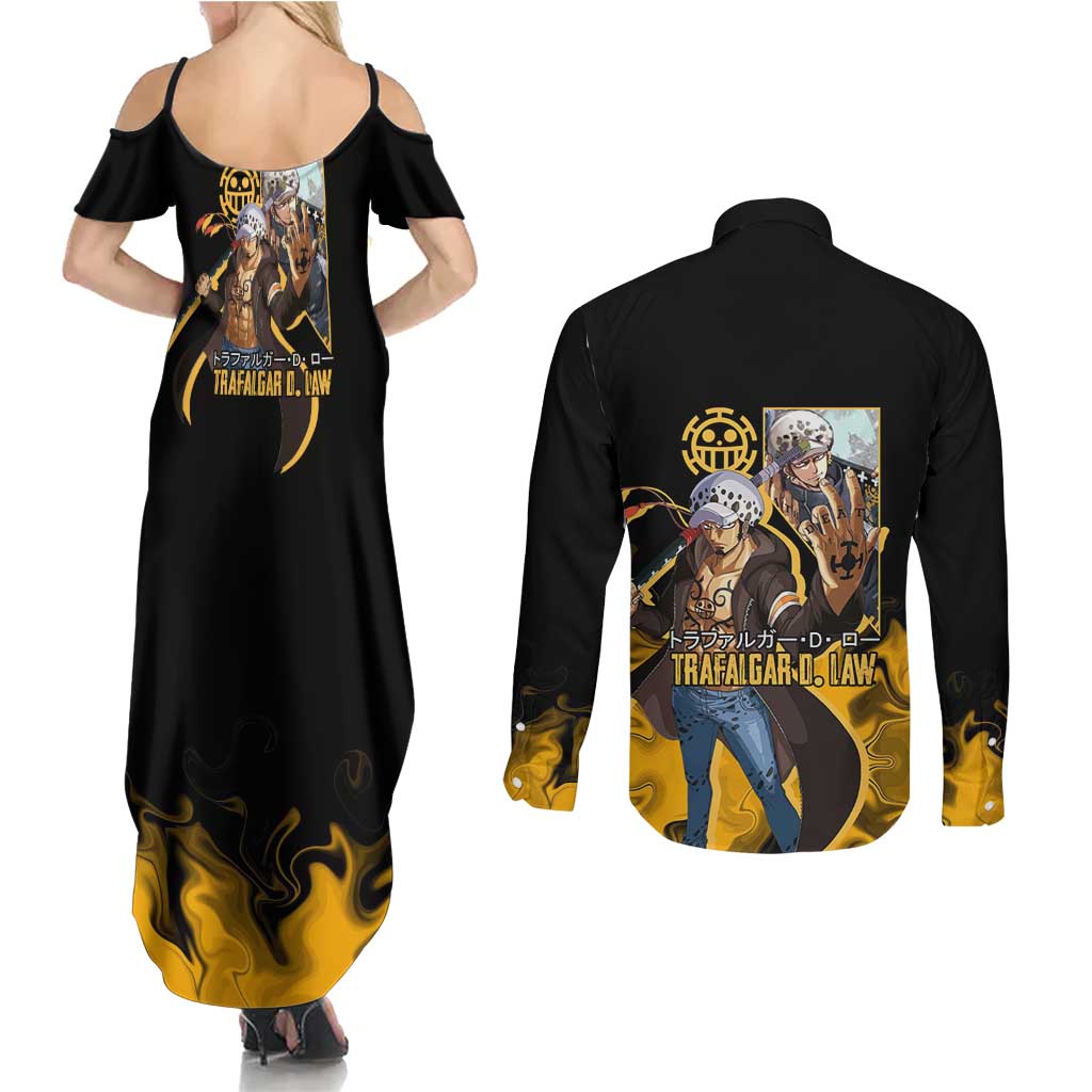 Trafalgar D. Law One Piece Black and Yellow Theme Couples Matching Summer Maxi Dress and Long Sleeve Button Shirt with Heart Pirates Symbol and Flame Pattern Design - The Mazicc
