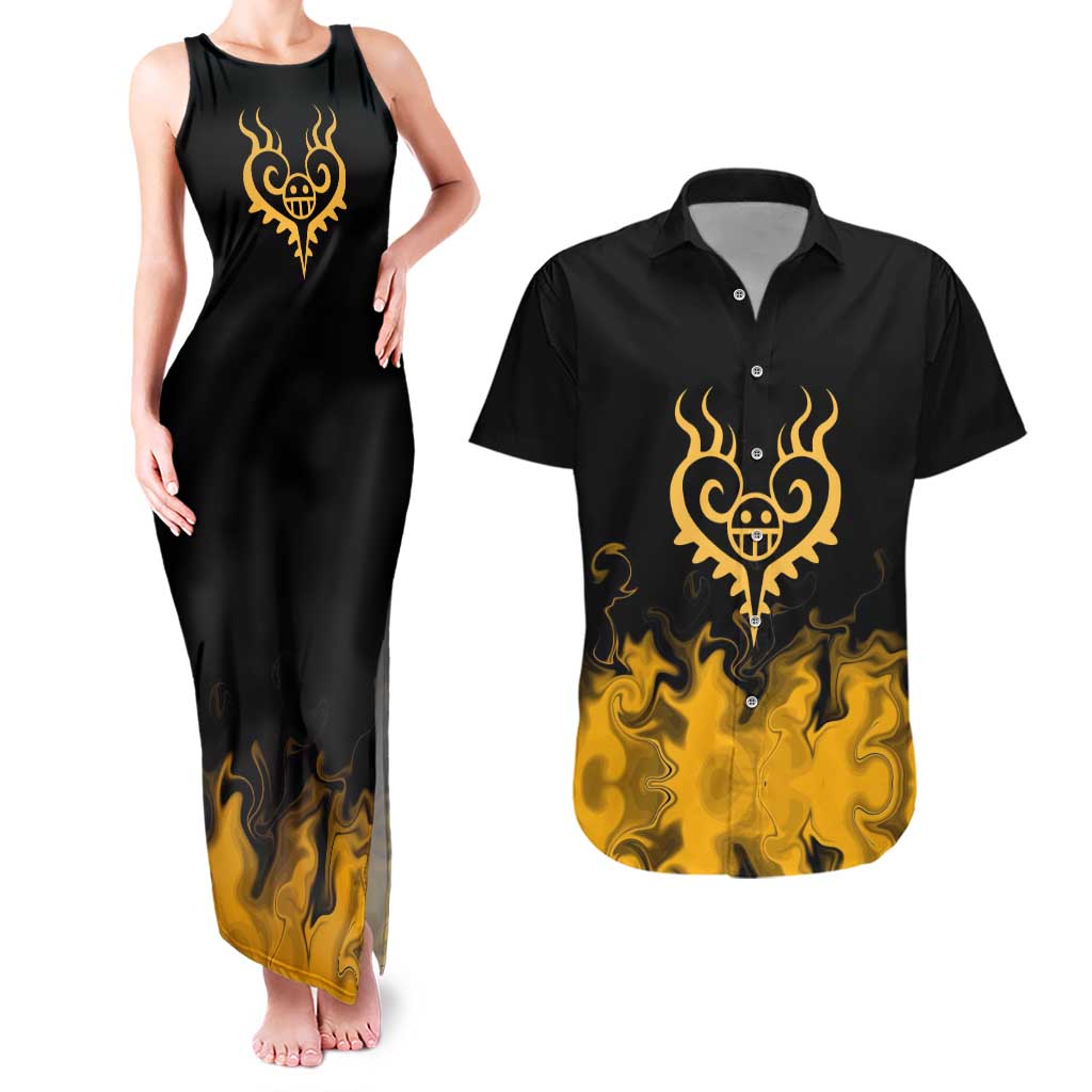 Trafalgar D. Law One Piece Black and Yellow Theme Couples Matching Tank Maxi Dress and Hawaiian Shirt with Heart Pirates Symbol and Flame Pattern Design - The Mazicc