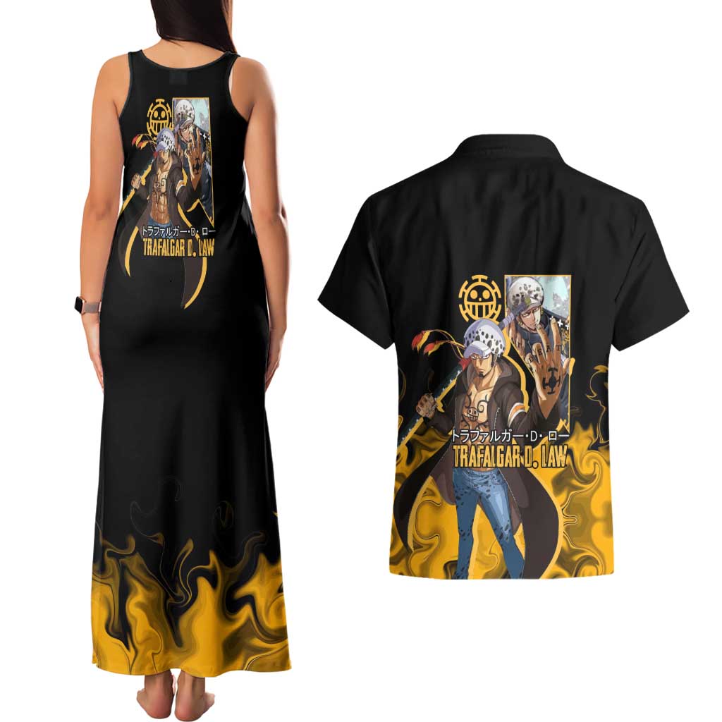 Trafalgar D. Law One Piece Black and Yellow Theme Couples Matching Tank Maxi Dress and Hawaiian Shirt with Heart Pirates Symbol and Flame Pattern Design - The Mazicc