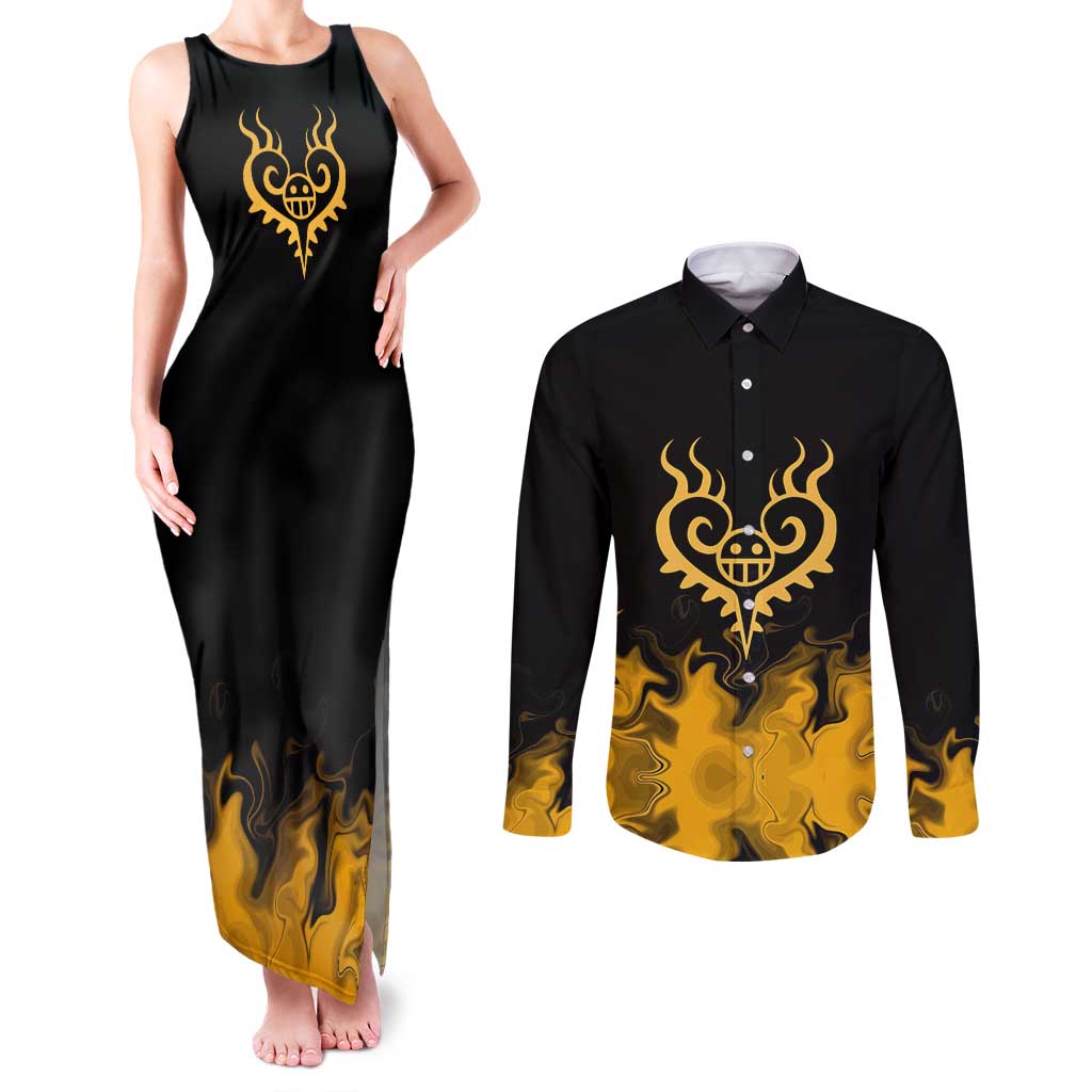 Trafalgar D. Law One Piece Black and Yellow Theme Couples Matching Tank Maxi Dress and Long Sleeve Button Shirt with Heart Pirates Symbol and Flame Pattern Design - The Mazicc