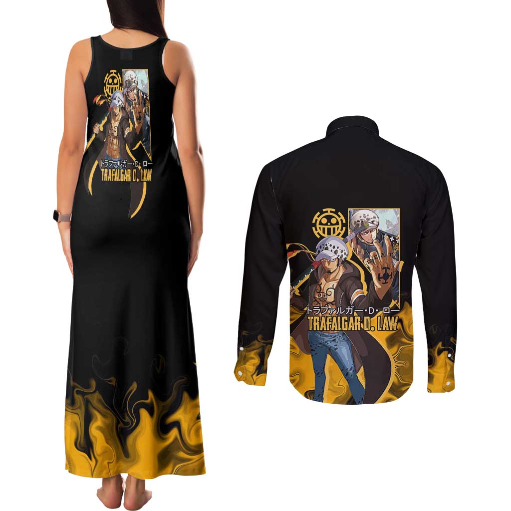 Trafalgar D. Law One Piece Black and Yellow Theme Couples Matching Tank Maxi Dress and Long Sleeve Button Shirt with Heart Pirates Symbol and Flame Pattern Design - The Mazicc
