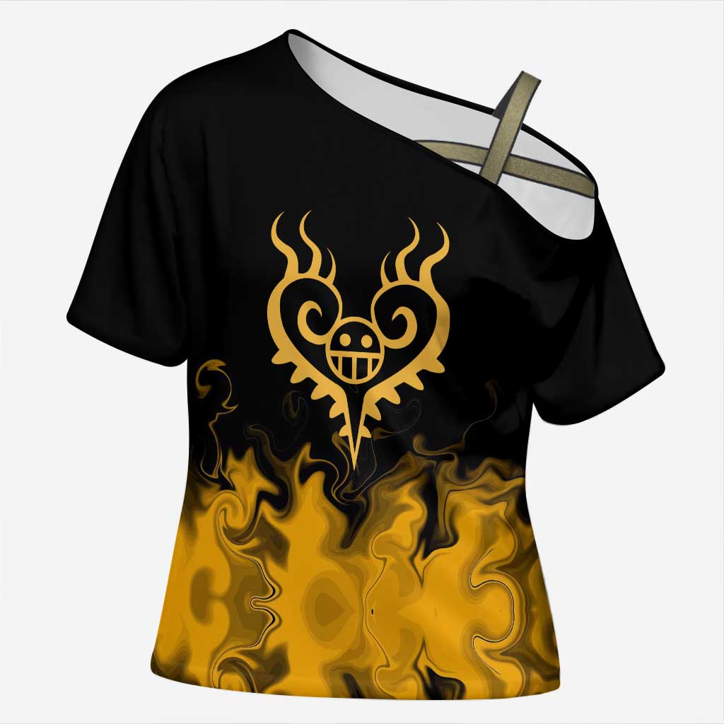 Trafalgar D. Law One Piece Black and Yellow Theme Cross Shoulder Shirt with Heart Pirates Symbol and Flame Pattern Design - The Mazicc
