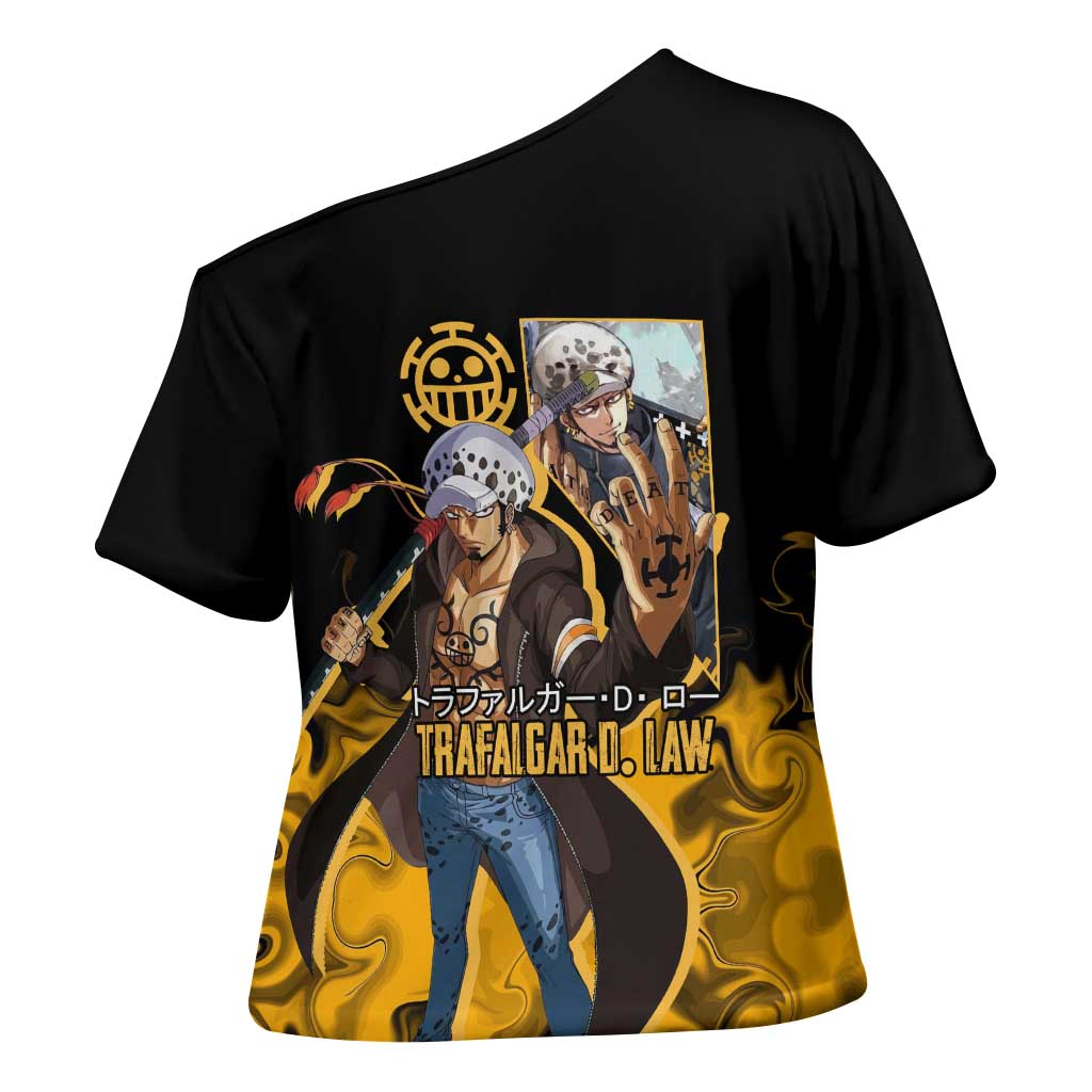 Trafalgar D. Law One Piece Black and Yellow Theme Cross Shoulder Shirt with Heart Pirates Symbol and Flame Pattern Design - The Mazicc