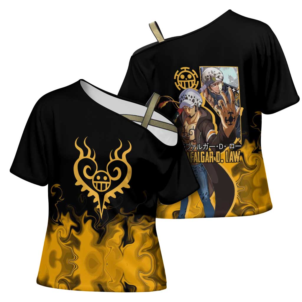 Trafalgar D. Law One Piece Black and Yellow Theme Cross Shoulder Shirt with Heart Pirates Symbol and Flame Pattern Design - The Mazicc
