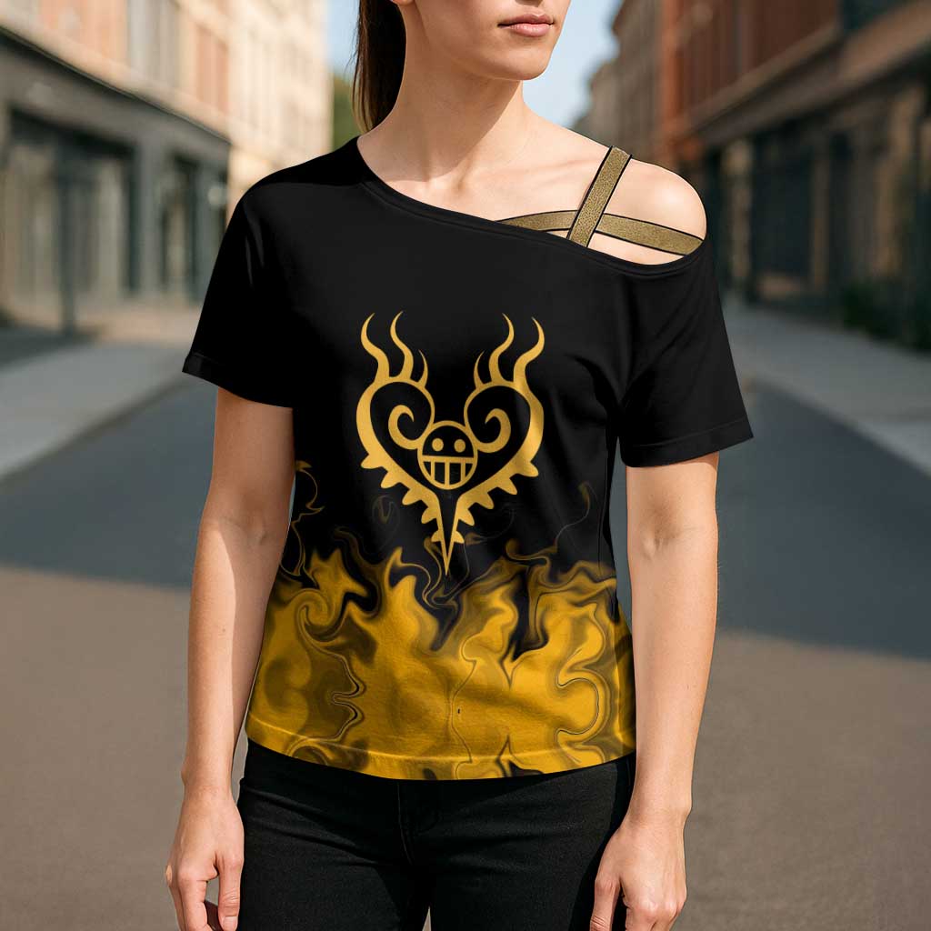 Trafalgar D. Law One Piece Black and Yellow Theme Cross Shoulder Shirt with Heart Pirates Symbol and Flame Pattern Design - The Mazicc