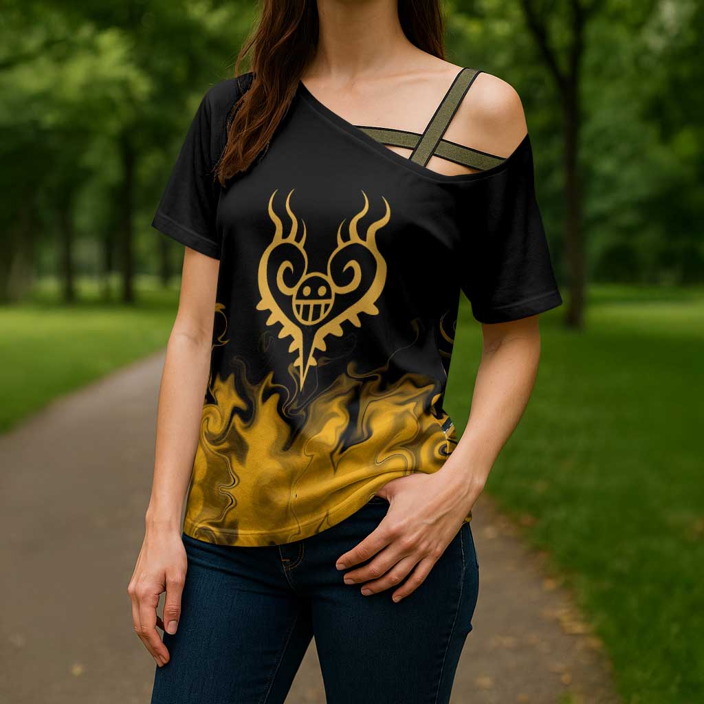 Trafalgar D. Law One Piece Black and Yellow Theme Cross Shoulder Shirt with Heart Pirates Symbol and Flame Pattern Design - The Mazicc