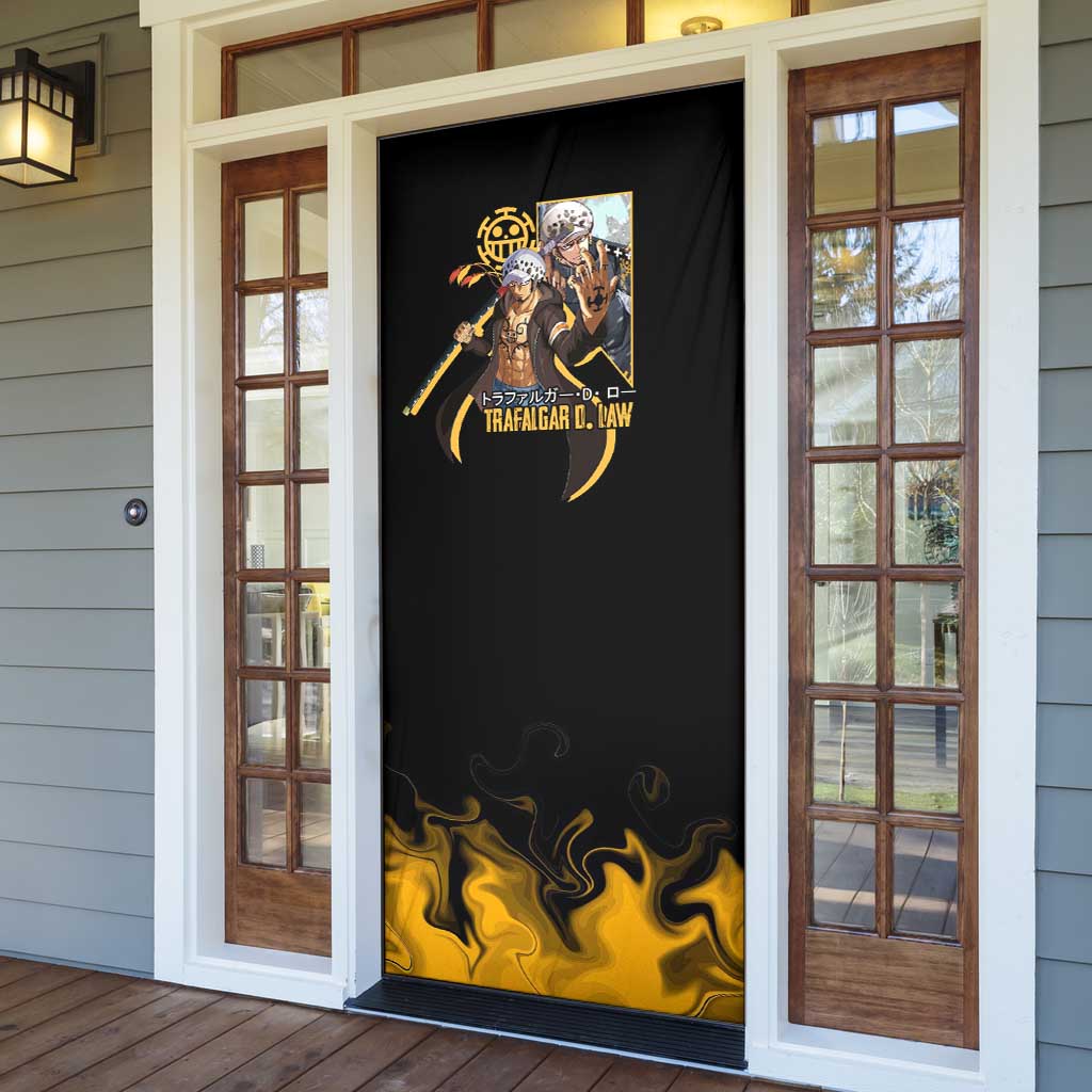 Trafalgar D. Law One Piece Black and Yellow Theme Door Cover with Heart Pirates Symbol and Flame Pattern Design - The Mazicc