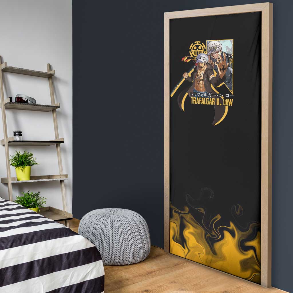 Trafalgar D. Law One Piece Black and Yellow Theme Door Cover with Heart Pirates Symbol and Flame Pattern Design - The Mazicc