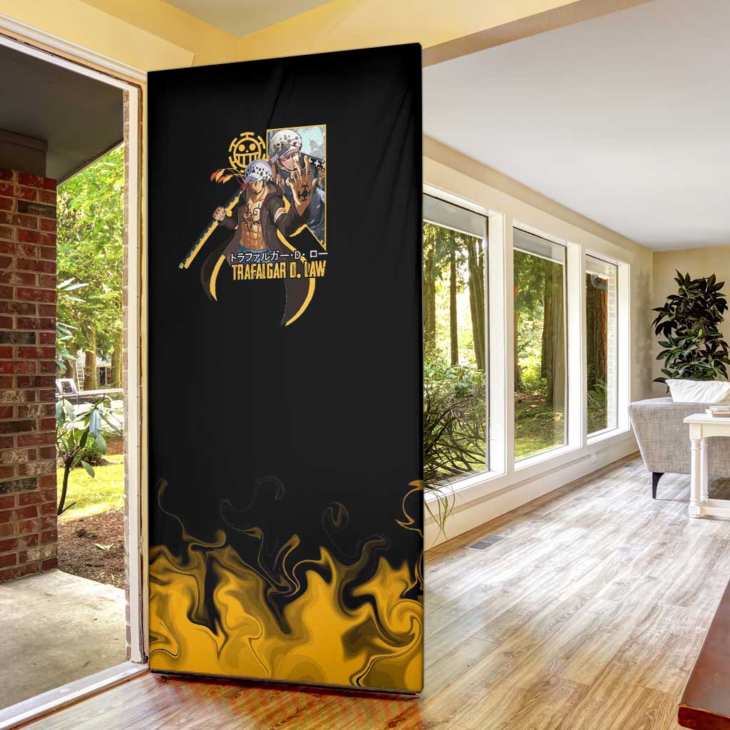Trafalgar D. Law One Piece Black and Yellow Theme Door Cover with Heart Pirates Symbol and Flame Pattern Design - The Mazicc