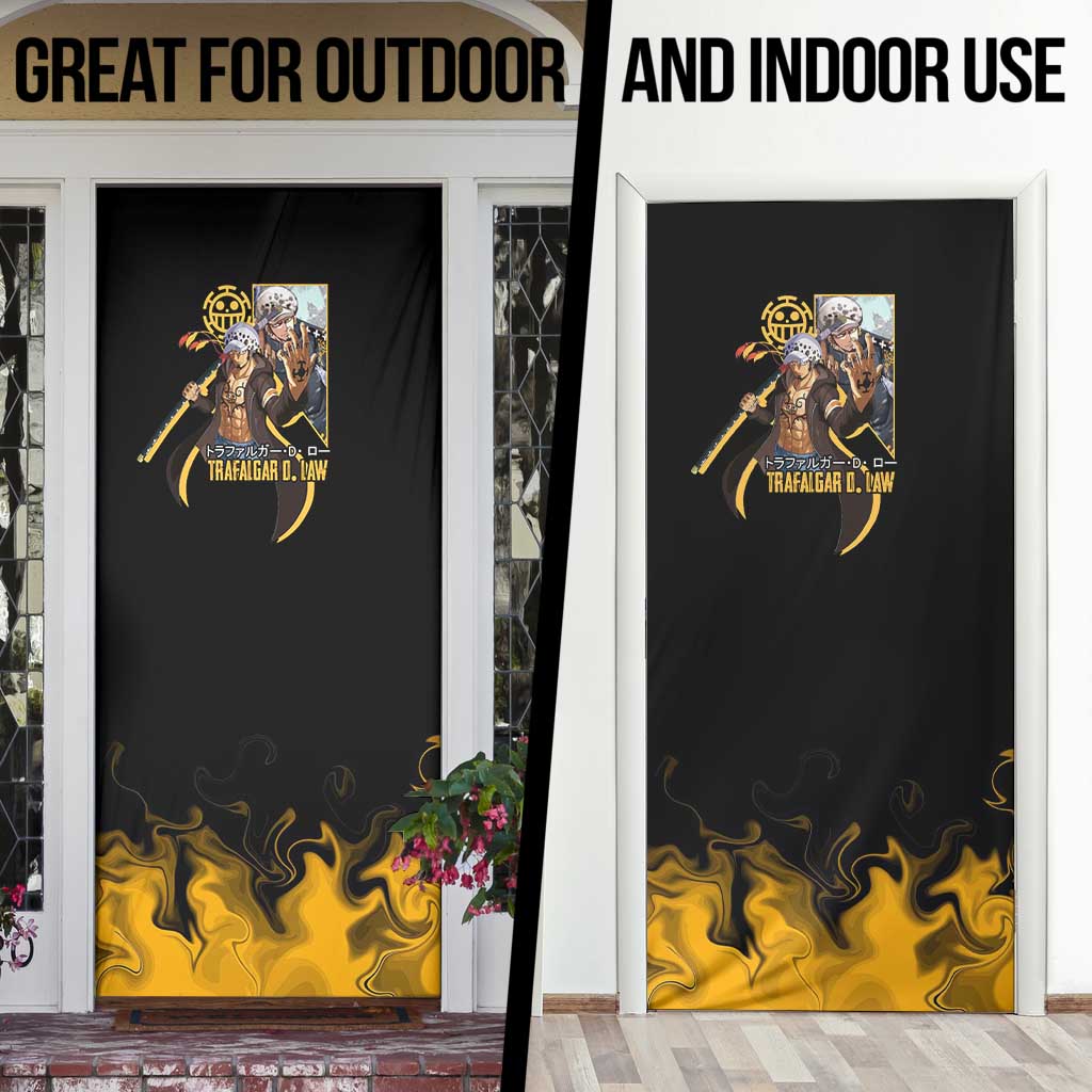 Trafalgar D. Law One Piece Black and Yellow Theme Door Cover with Heart Pirates Symbol and Flame Pattern Design - The Mazicc