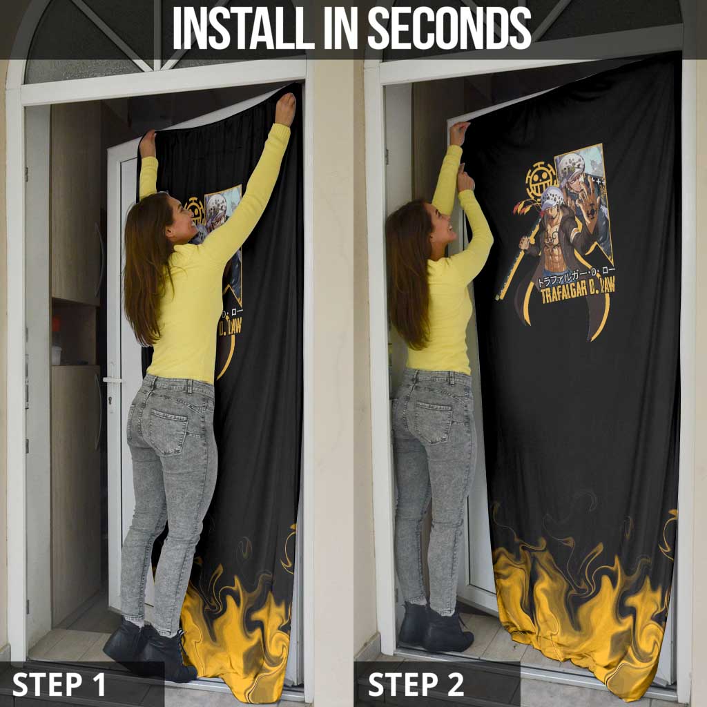 Trafalgar D. Law One Piece Black and Yellow Theme Door Cover with Heart Pirates Symbol and Flame Pattern Design - The Mazicc